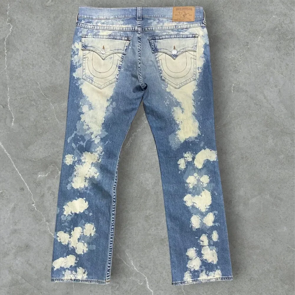 True Religion Straight Leg Bleached Distressed Denim Blue Jeans Men's Size 40